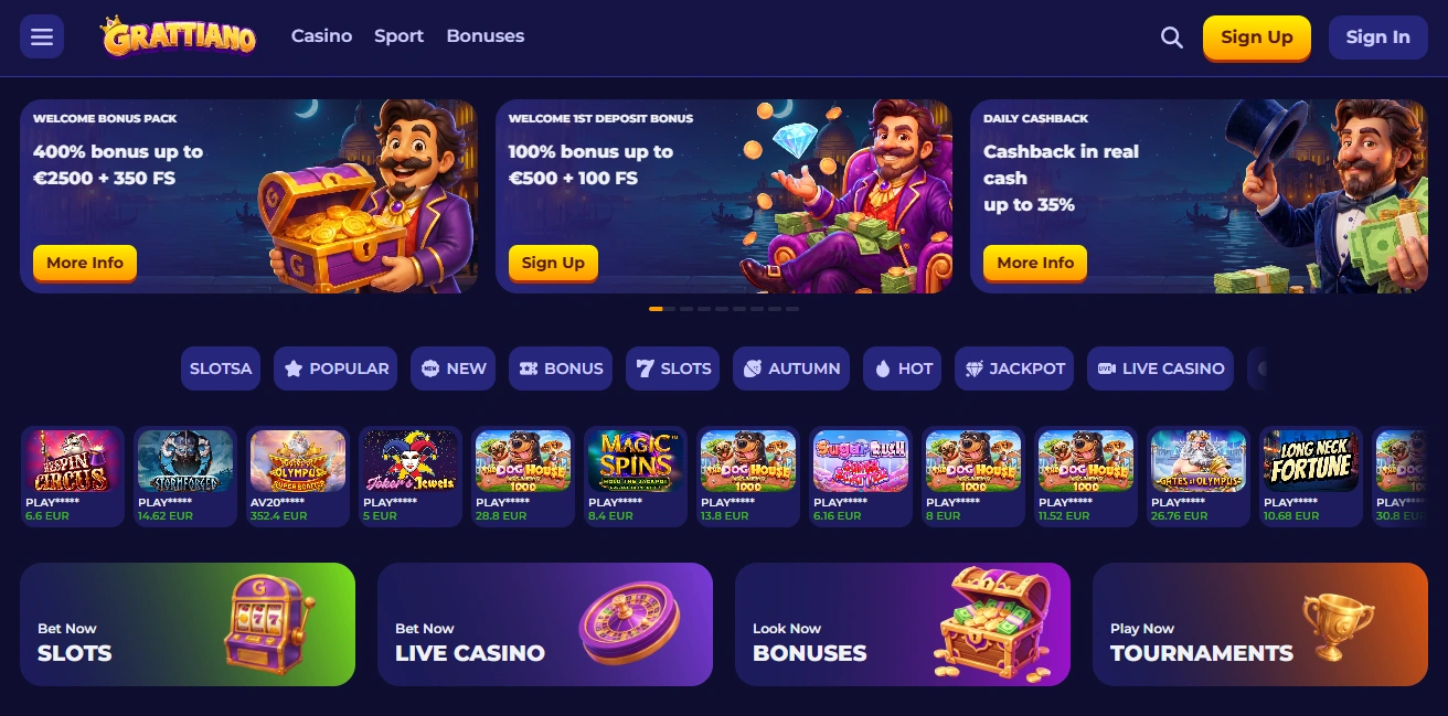 Página principal do casino Grattiano em Portugal